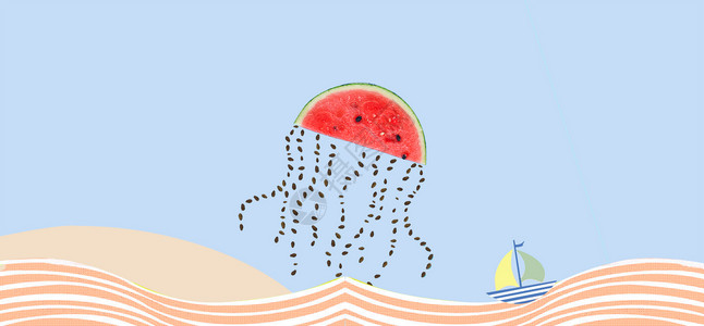 海滩帆船西瓜章鱼设计图片
