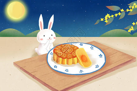 满月背景海报中秋月饼插画