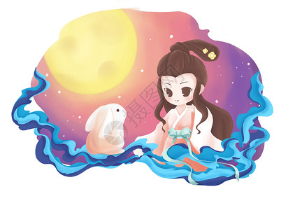 嫦娥月兔和月饼中秋节插画