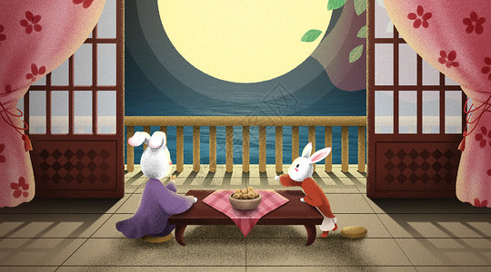 八月幸福感言中秋节兔子团圆赏月插画插画