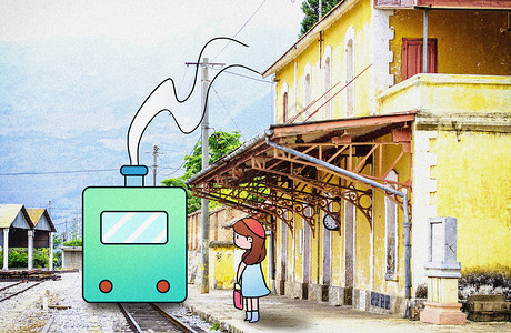 五岳寨等火车的女孩创意摄影插画插画