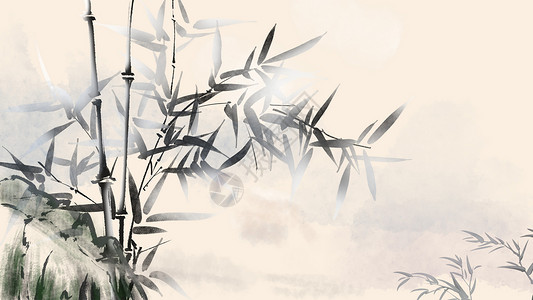 竹子与山水中国风背景插画
