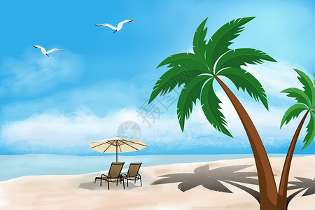 手绘夏天椰子树夏季沙滩度假插画