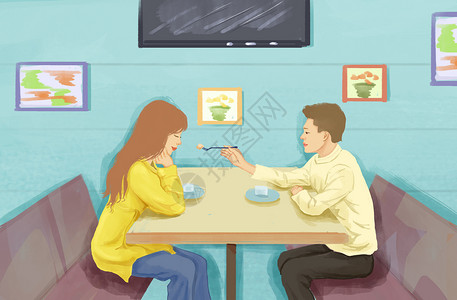 餐厅墙壁情侣约会插画