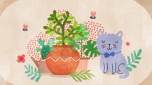 猫咪图案棕色简约风小清新植物花盆猫咪插画插画