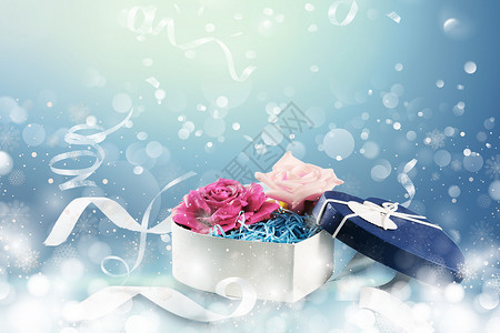 玫瑰雪蓝色礼盒背景设计图片
