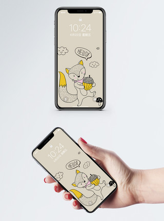 手绘蘑菇线稿松鼠可爱手机壁纸模板