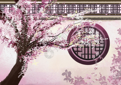 樱花墙窗插画