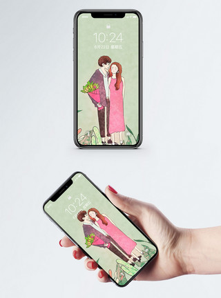 卡通插画情侣情侣手机壁纸模板