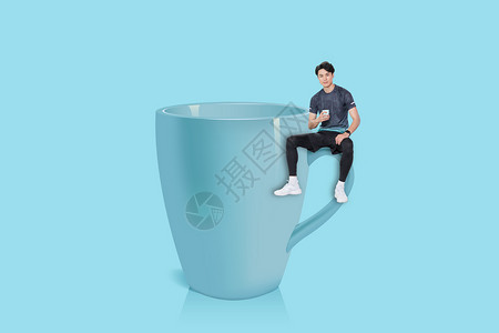 休闲喝水坐在杯子上的人设计图片