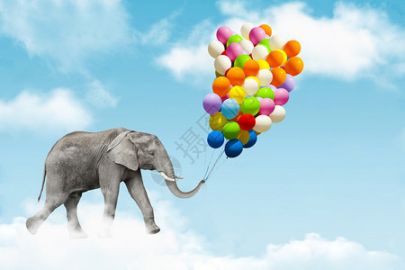 飞翔的气球被气球举起的大象设计图片