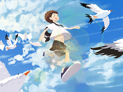 蓝色羽毛背景奔跑的少年插画