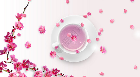 新鲜桃花茶粉红桃花茶杯组合设计图片