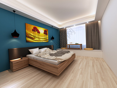 蓝色灯带北欧卧室设计图片