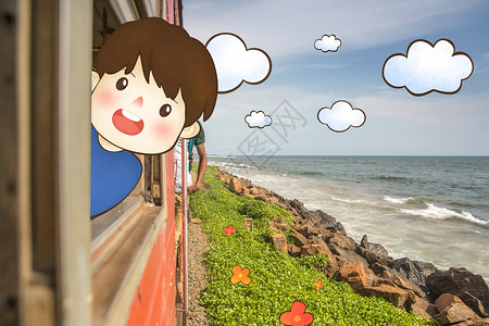 创意小火车坐火车分风景创意摄影插画插画