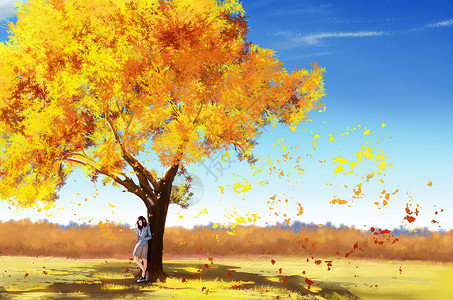 五片黄色树叶秋分插画