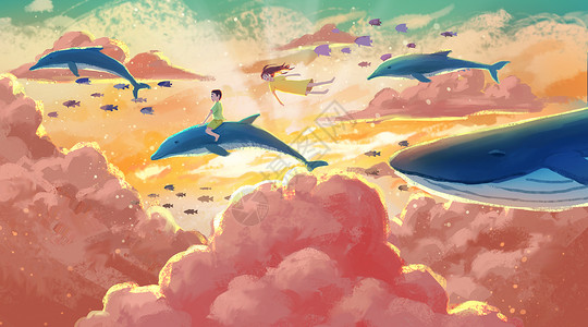 飞翔海豚情侣骑着鲸鱼插画