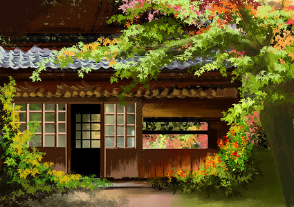 日本庭院一角庭院插画