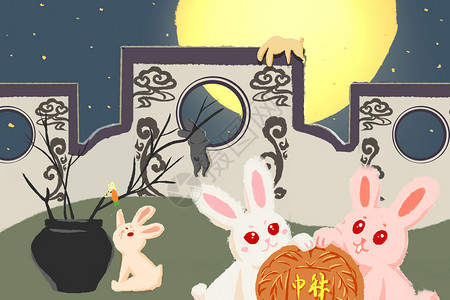 中秋月下玉兔团圆插画图片