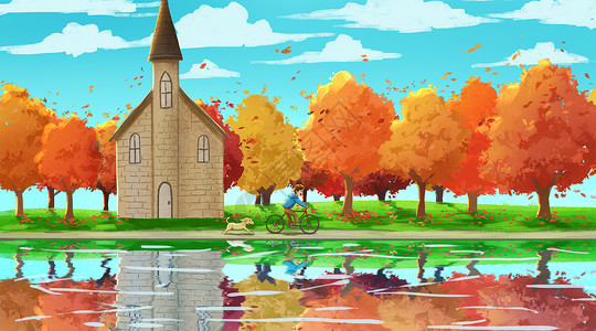 公主湖秋天秋天在湖边骑车的男孩插画