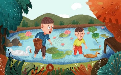 荷塘秋色池塘看鸭子游泳的孩子高清图片