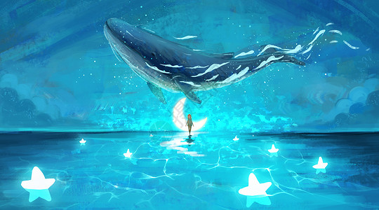 在自由女孩在梦境中与鲸鱼邂逅插画