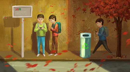 学生拿着手机边等公交边玩手机的同学们插画