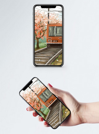 樱花和火车卡通手机壁纸模板