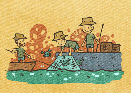 海边渔夫捕蟹插画