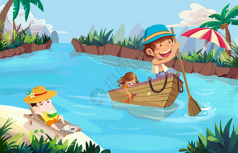 亲子划船海上游玩嬉戏的儿童插画