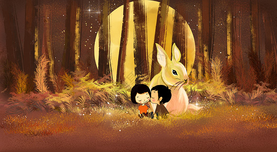兔子和女孩儿中秋节插画