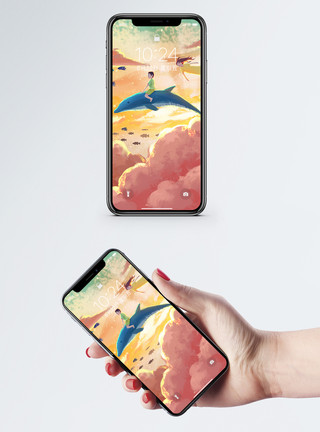 海豚手绘情侣插画手机壁纸模板