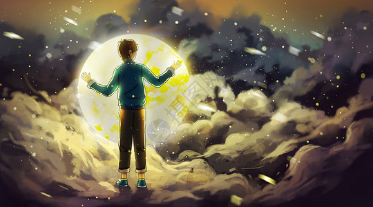 梦幻花圆拥抱月亮的孤独少年插画