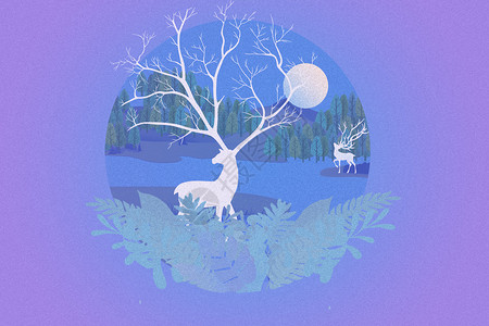 紫色肌理月光下的鹿插画