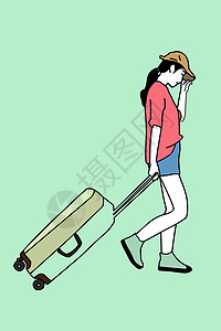 拖着行李拉着行李箱的女孩插画