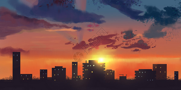 夕阳城市插画图片