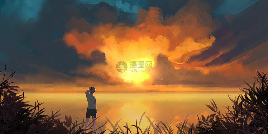 夕阳河边插画图片