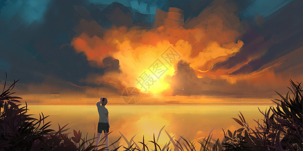 河边夕阳夕阳河边插画插画