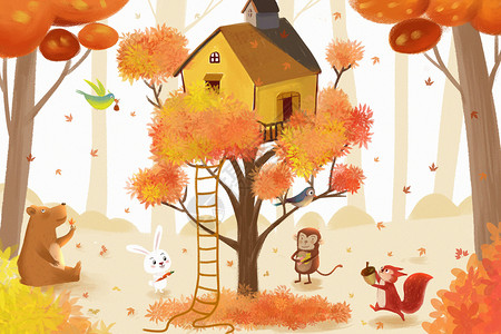 熊与小鸟素材动物们的秋天插画