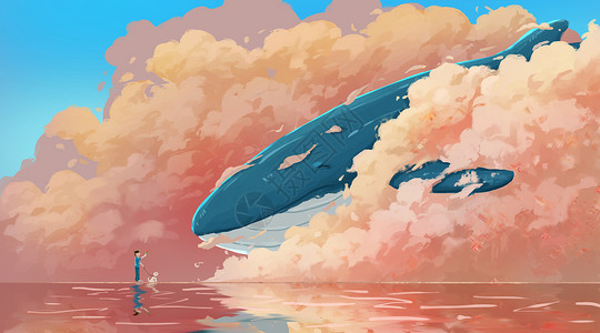 奇幻旅行云层中的鲸鱼插画