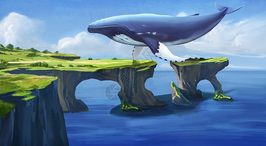 海边小岛小岛上空的鲸鱼插画