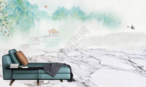 大理石山水画中国风电视背景墙设计图片
