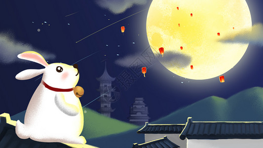 中秋节古典建筑月兔灯笼插画背景图片