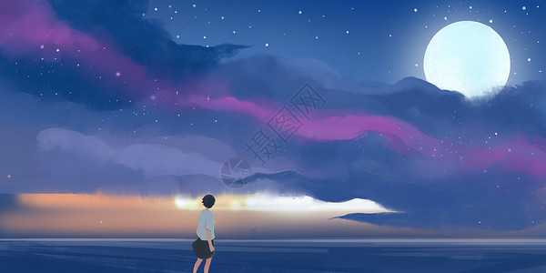 河边夕阳海景银河插画插画