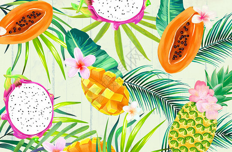 银耳木瓜热带水果背景插画