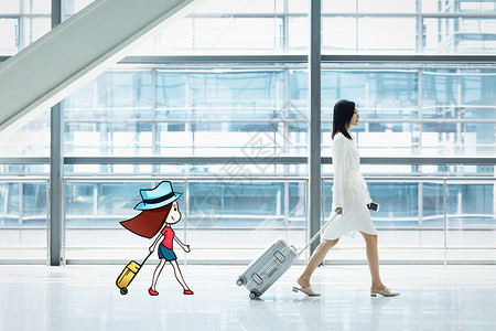 创意机场拉行李的女孩创意摄影插画插画