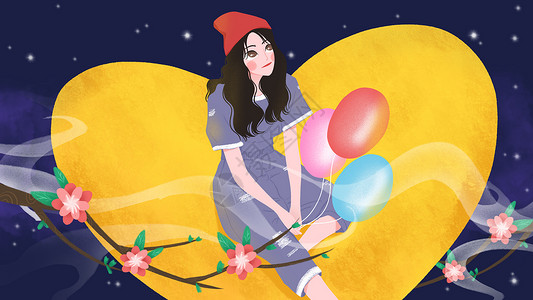 文艺小清新心形月亮中秋节气球女孩插画图片