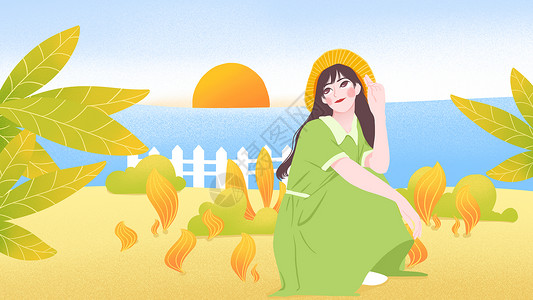 简洁大气中国风清明节气海报设计海边草帽女孩插画