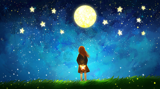 夜晚打猎仰望星空的女孩插画