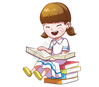 坐在书上的学生女孩插画